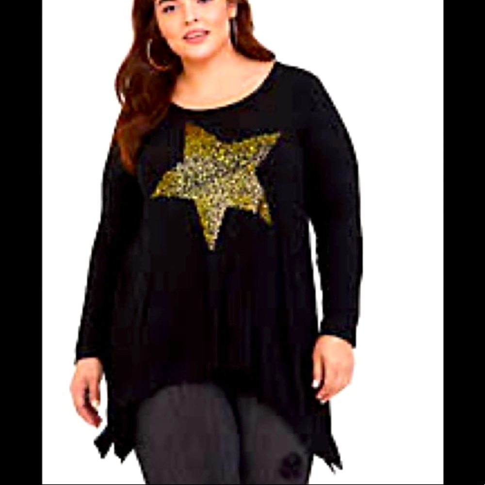 - TORRID super soft black shimmer gold star shark bite top 1X